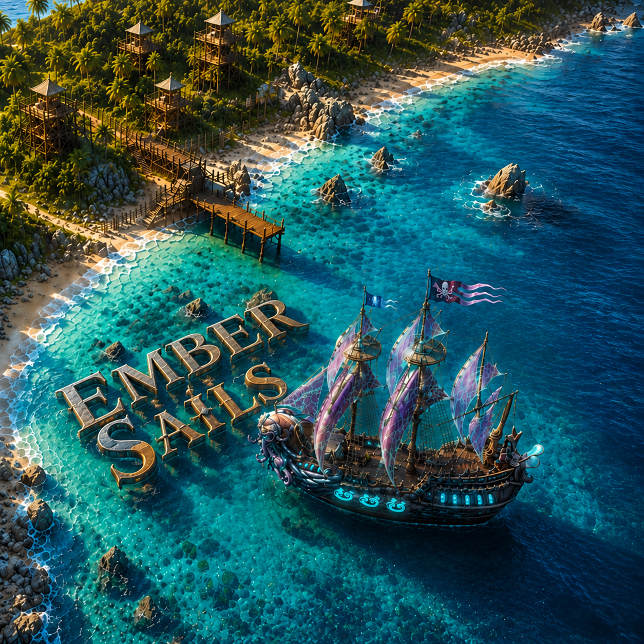 Ember Sails — pirate ship sailing to a fortress island